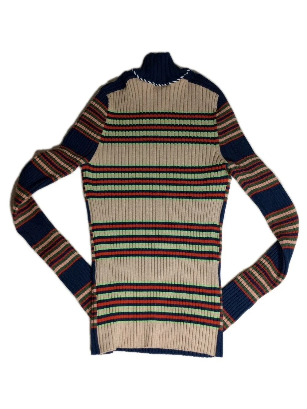 Tory Burch Striped Ribbed Turtleneck Sweater XL Blue Tan Merono Wool Stretch